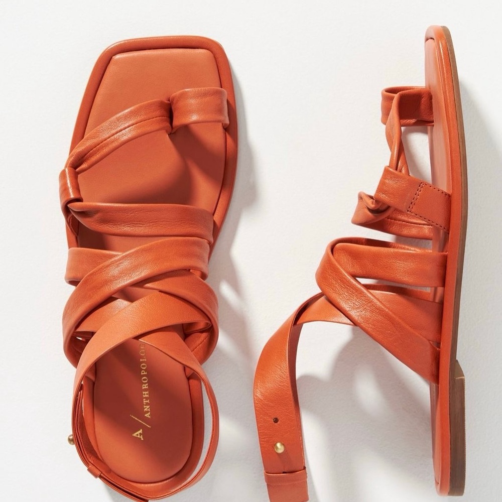 Anthropologie Strappy Puffy Strap Orange Leather‎ Sandals Sz. 9 - Picture 3 of 4